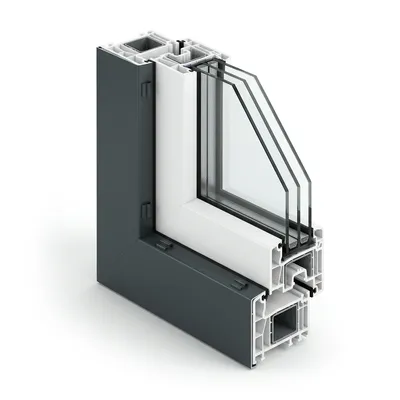 Profilschnitt Kunststoff-Aluminium-Fenster Kömmerling 76 AluClip mit Aluminium-Deckschale außen